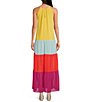 Color:Multi - Image 2 - Rainbow Rays Color Block Pleat Halter Neck Sleeveless Drop Waist Tiered Waistless Maxi Dress