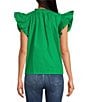 Color:Kelly-Green - Image 2 - Risette Cotton V-Neck Ruffle Cap Sleeve Top