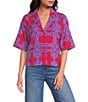 Sugarlips Rory Abstract Viola Split Collar Short Sleeve Button Down Coordinating Linen Top - Image 1