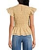 Sugarlips Ruffle Mock Neckline Short Sleeve Smocked Peplum Top, Color:Tan - Image 2