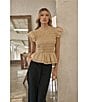 Sugarlips Ruffle Mock Neckline Short Sleeve Smocked Peplum Top, Color:Tan - Image 5
