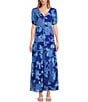 Color:Cobalt Blue - Image 1 - Satin Floral Print V-Neck Short Puff Sleeve Front Slit Button Front Maxi Dress