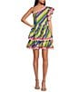 Sugarlips Stripe Print One Shoulder Cap Sleeve Rick Rack Trim Mini Dress, Color:Pink Multi - Image 1
