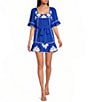 Sugarlips Tanya Floral Embroidered Square Neck Flutter Sleeve Linen Mini Dress - Image 1