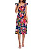 Color:Cobalt/Pink/Jade - Image 1 - Tropical Floral Print Smocked Square Neck Ruffle Cap Sleeve Tiered Midi Dress