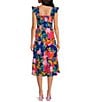 Color:Cobalt/Pink/Jade - Image 2 - Tropical Floral Print Smocked Square Neck Ruffle Cap Sleeve Tiered Midi Dress