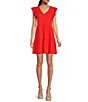 Color:Red - Image 1 - V-Neck Flutter Cap Sleeve Tiered Babydoll Mini Dress