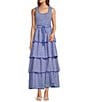 Sugarlips Vanna Checker Sally Scoop Neck Gingham Print Smocked Tassel Belt Tiered Ruffle Maxi Dress, Color:Blue/White - Image 1