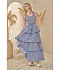 Sugarlips Vanna Checker Sally Scoop Neck Gingham Print Smocked Tassel Belt Tiered Ruffle Maxi Dress, Color:Blue/White - Image 5