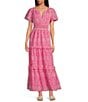 Sugarlips Viridiana Floral Eyelet Palmer V-Neck Short Sleeve Tiered Maxi Dress, Color:Fuchsia - Image 1