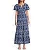 Sugarlips Viridiana Floral Eyelet Palmer V-Neck Short Sleeve Tiered Maxi Dress, Color:Denim Blue - Image 1