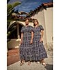 Sugarlips Viridiana Floral Eyelet Palmer V-Neck Short Sleeve Tiered Maxi Dress, Color:Denim Blue - Image 5