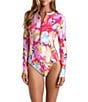 Color:Bright Pink - Image 1 - Expressive Garden Floral Print High Neck Long Sleeve Zip Front One Piece Paddle Suit
