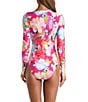 Color:Bright Pink - Image 2 - Expressive Garden Floral Print High Neck Long Sleeve Zip Front One Piece Paddle Suit