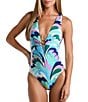 Color:Multi - Image 1 - Far Out Feather Print Plunge V-Neck Moderate Coverage One Piece Swimsuit