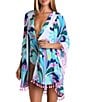 Color:Multi - Image 1 - Far Out Feather Print Short Sleeve Open Front Tassel Trim Kimono Swim Cover-Up