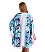 Color:Multi - Image 2 - Far Out Feather Print Short Sleeve Open Front Tassel Trim Kimono Swim Cover-Up