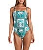 Sunshine '79 Patchwork Palms Bandeau One Piece Swimsuit, Color:Turquoise - Image 1