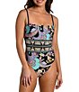 Color:Multi - Image 1 - Patchwork Reversible Paisley Print to Solid Black Bandeau One-Piece Swimsuit
