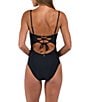 Sunshine '79 Solid Straight Neck Corset Binding Over Mesh Bandeau One Piece Swimsuit, Color:Black - Image 2
