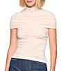 Susana Monaco Mock Neck Overlay Short Sleeve Gathered Top, Color:Blanched Almond - Image 3