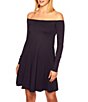 Color:Midnight - Image 3 - Off-the-Shoulder Long Sleeve Fit and Flare Mini Dress
