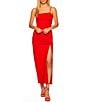 Color:Perfect Red - Image 1 - Square Neckline Ruched Side Slit Maxi Dress