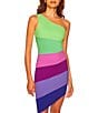 Color:Maldives - Image 3 - Stripe Color Block Print One Shoulder Dress