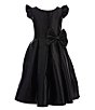 Color:Black - Image 1 - Little Girls 2-6 Flutter Sleeve Bow Detail Pleated Dull Satin Tea Dress