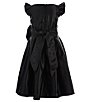 Color:Black - Image 2 - Little Girls 2-6 Flutter Sleeve Bow Detail Pleated Dull Satin Tea Dress