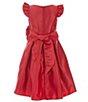 Color:Red - Image 2 - Little Girls 2-6 Flutter Sleeve Bow Detail Pleated Dull Satin Tea Dress