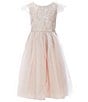 Color:Blush - Image 1 - Little Girls 2-6 Short-Sleeve Sequin-Embellished Lace/Satin/Crystal Tulle Fit-And-Flare Dress