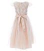 Color:Blush - Image 2 - Little Girls 2-6 Short-Sleeve Sequin-Embellished Lace/Satin/Crystal Tulle Fit-And-Flare Dress