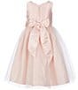 Color:Petal Pink - Image 2 - Little Girls 2-6 Sleeveless Dull Satin Pearl Trim Bow Detail Tulle Tea Dress