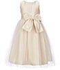 Color:Champagne - Image 1 - Little Girls 2-6 Sleeveless Dull Satin Pearl Trim Bow Detail Tulle Tea Dress