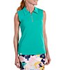 Color:Turquoise - Image 1 - Flutter Collection Cleo Tropic Leaf Sleeveless Quarter Zip Top