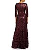 Color:Auburn - Image 2 - 3/4 Sleeve Sequin Embroidered Boat Neck Sheath Gown