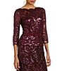 Color:Auburn - Image 3 - 3/4 Sleeve Sequin Embroidered Boat Neck Sheath Gown