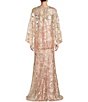 Color:Pebble - Image 2 - Capelet Overlay Sequin Lace V-Neck Gown