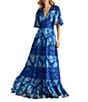 Tadashi Shoji Chiffon Floral Print V-Neck Short Flutter Sleeve Lace Trim A-Line Maxi Dress, Color:Mystic Blue - Image 1