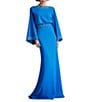 Tadashi Shoji Crepe Embroidered Trim Boat Neck Dolman Long Sleeve Deep Cowl Back Gown, Color:Blue Glaze - Image 1