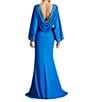 Tadashi Shoji Crepe Embroidered Trim Boat Neck Dolman Long Sleeve Deep Cowl Back Gown, Color:Blue Glaze - Image 2