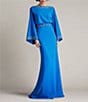 Tadashi Shoji Crepe Embroidered Trim Boat Neck Dolman Long Sleeve Deep Cowl Back Gown, Color:Blue Glaze - Image 4
