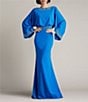 Tadashi Shoji Crepe Embroidered Trim Boat Neck Dolman Long Sleeve Deep Cowl Back Gown, Color:Blue Glaze - Image 5
