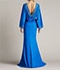 Tadashi Shoji Crepe Embroidered Trim Boat Neck Dolman Long Sleeve Deep Cowl Back Gown, Color:Blue Glaze - Image 6