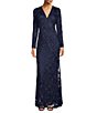 Color:Navy - Image 1 - Embroidered Lace V-Neck Long Sleeve A-Line Gown