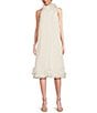 Color:Ivory - Image 1 - High Neck 3D Floral Applique Pleated Chiffon Midi Dress