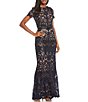 Color:Navy/Nude - Image 1 - Illusion Crew Neck Short Sleeve Ribbon Waist Sequin Lace Gown