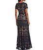 Color:Navy/Nude - Image 2 - Illusion Crew Neck Short Sleeve Ribbon Waist Sequin Lace Gown