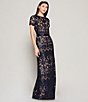Color:Navy/Nude - Image 5 - Illusion Crew Neck Short Sleeve Ribbon Waist Sequin Lace Gown